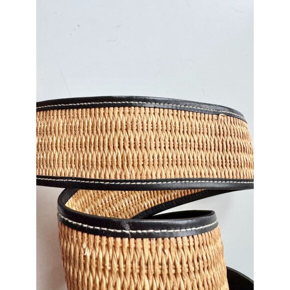 STEFANEL Black Leather Tan Raffia Wide Belt, Size 3 - Picture 4 of 11